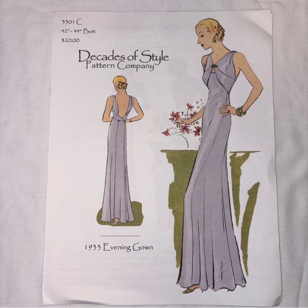 Decades of Style 1933 evening gown sewing pattern 
42”-44” bust. New and uncut